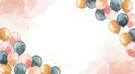 Watercolor balloons in pink, gold, and gray hues frame a white background, speckled with gold glitter, creating a festive and celebratory design ideal for invitations or announcements