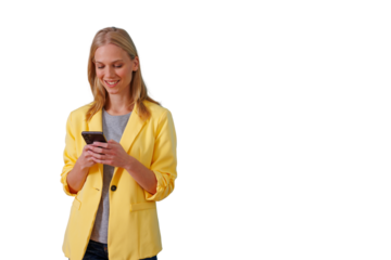 Woman using mobile phone for messaging and social media, smiling cheerfully, transparent background