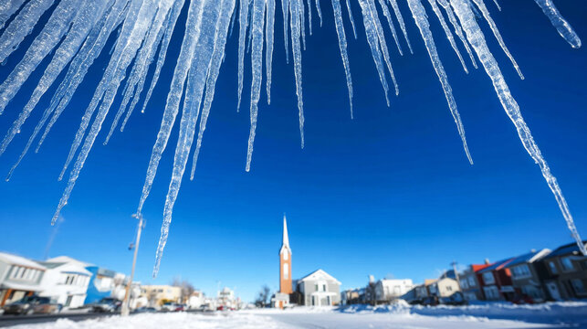 Sparkling icicles in the foreground during a bright winter day, overlooking a quiet residential street and a historic church
