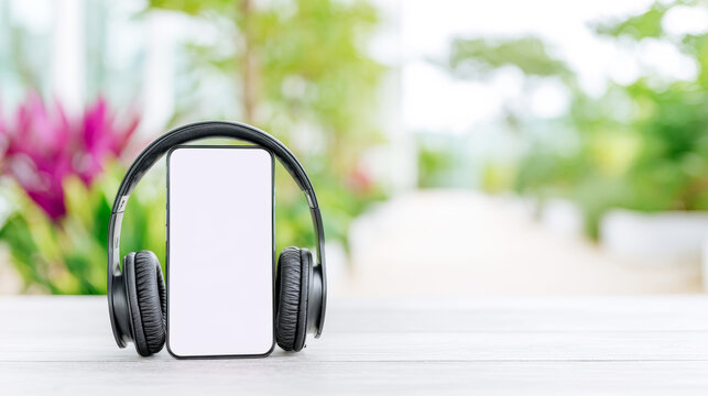 Black headphones covering smartphone with blank white screen on a wooden table, representing digital audio content and technology
