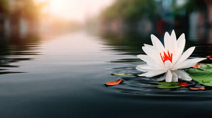 White lotus flower floating on dark water with a green lily pad and fallen leaves, reflecting warm sunset light