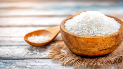 Pile of uncooked white rice grains in a wooden bowl with a spoon on burlap fabric, emphasizing healthy diet and vegetarian food