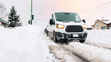 White delivery van driving through deep snow on a road, facing difficult winter conditions and extreme weather