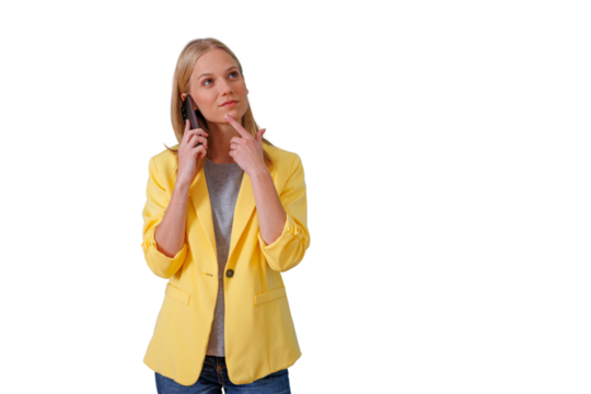Woman having a phone call, thinking carefully and looking up while touching her chin. Transparent background