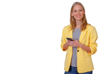 Young woman smiling, using mobile phone, communicating and networking, standing with a transparent background
