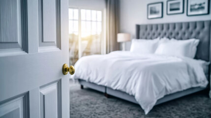 Open door revealing luxurious hotel room with comfortable bed, inviting relaxation and upscale accommodation