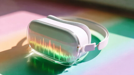 Holographic headset displaying colorful digital wave on transparent screen, representing augmented reality future