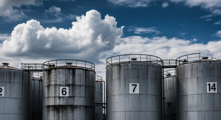 Gray industrial storage tanks against a blue sky with fluffy white clouds.  Image showcases industrial infrastructure and contrasts nature with industry