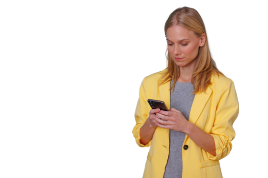 Woman in yellow jacket typing on smartphone, communicating, browsing social media on transparent background