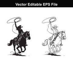 Cowgirl on horseback with lasso, silhouette and line art vector illustration