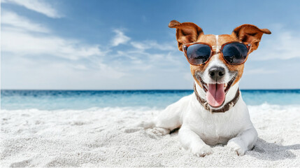 Jack Russell dog wearing sunglasses, lying on a white sandy beach with the ocean and blue sky in the background