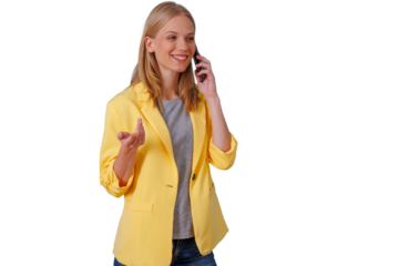 Woman talking on smartphone, communicating, smiling, discussing new ideas, business communication, transparent background