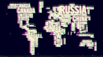 World map country names with distortions and glitch effects