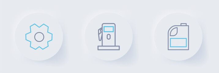 Set line Canister for motor machine oil, Petrol Gas station and Gear icon. Vector