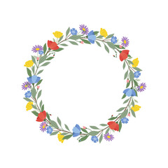 Fototapeta premium Beautiful floral wreath with colorful wildflowers and green leaves on a white background