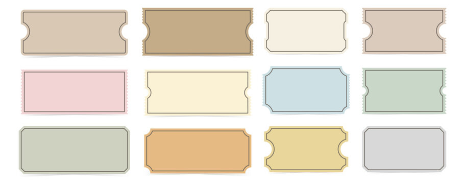 Set of empty blank vintage tickets with various shapes and pastel colors. Design elements. Vector