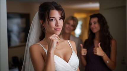 Confident bride getting ready in bridal suite, adjusting necklace with supportive bridesmaids, natural light indoor portrait