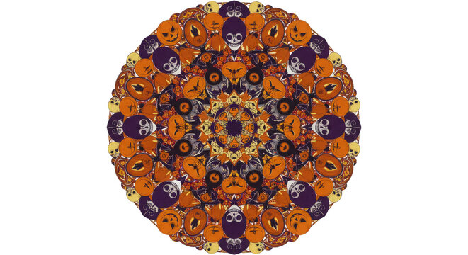 Spooky symmetrical halloween pattern with pumpkins skulls bats