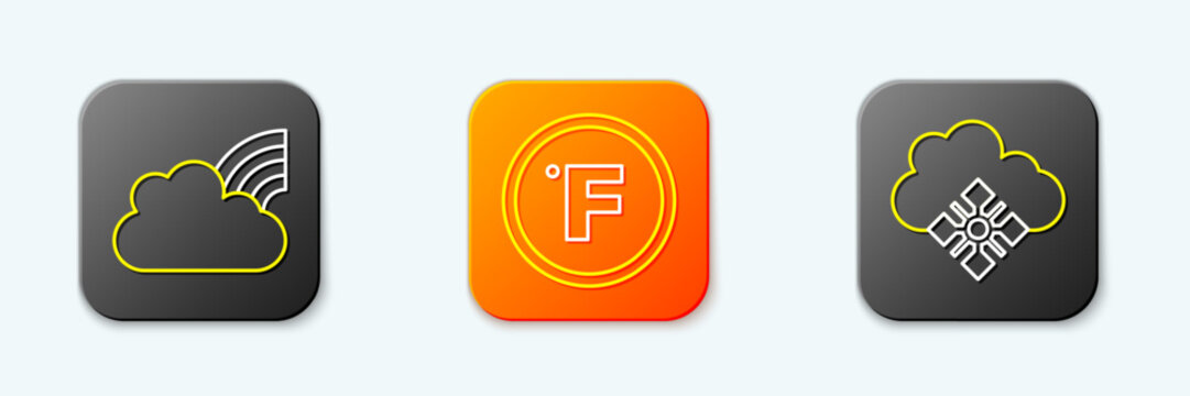 Set line Rainbow with clouds, Fahrenheit and Cloud snow icon. Vector