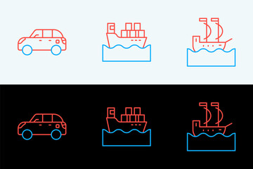Set line Sailboat, Hatchback car and Cargo ship with boxes icon. Vector