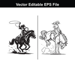 Silhouette and line art of a cowgirl with a lasso riding a horse
