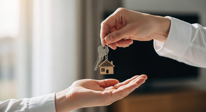Real estate agent handing over house keys to a new home owner concept - Powered by Adobe