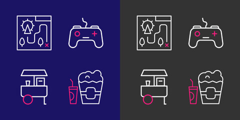Set line Popcorn in box and glass, Fast street food cart, Gamepad and Amusement park map icon. Vector
