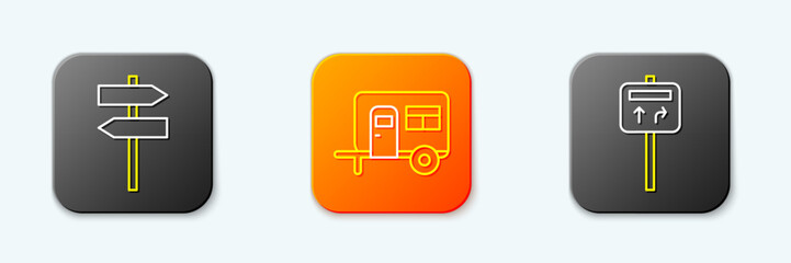 Set line Road traffic signpost, Rv Camping trailer and icon. Vector