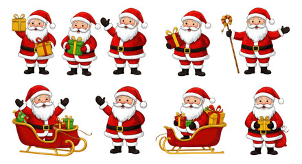 Happy santa claus characters with christmas gifts and sleigh
