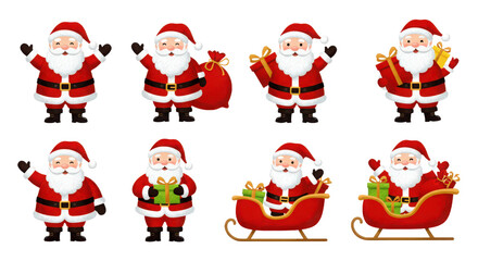 Christmas santa claus character set with various poses and gifts
