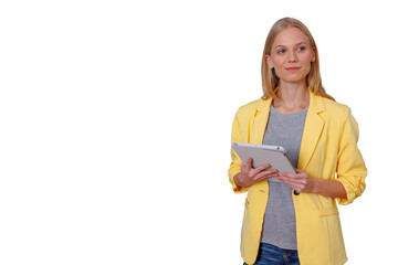 Businesswoman holding digital tablet, thinking, contemplating future opportunities, professional woman isolated