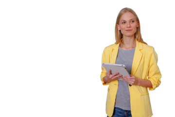 Businesswoman holding digital tablet, thinking, contemplating future opportunities, professional woman isolated