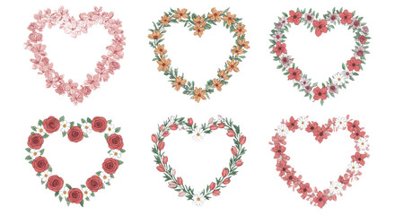 Six heart-shaped floral wreaths with different blooms for design