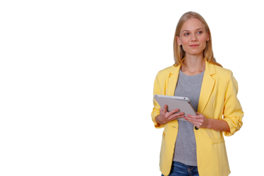 Businesswoman holding digital tablet, thinking, contemplating future opportunities, professional woman isolated - Powered by Adobe