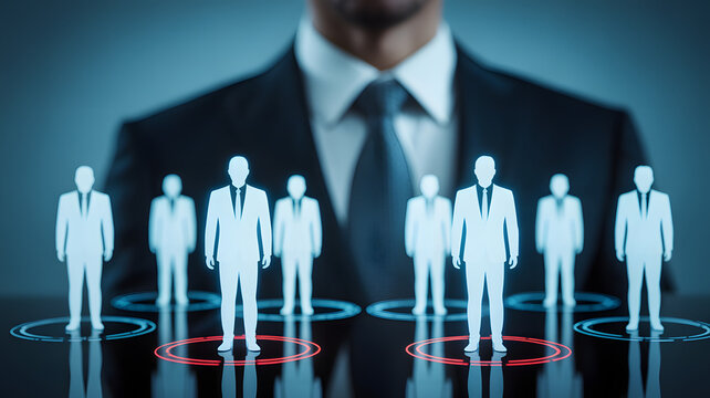 Professional leader analyzes team performance with glowing digital human icons on futuristic interface