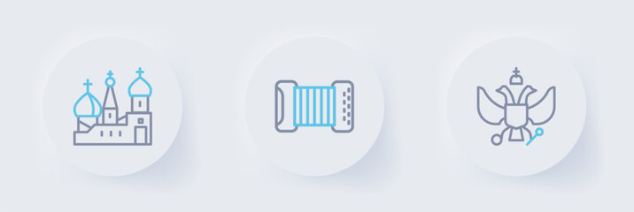 Set line National emblem of Russia, Accordion and Saint Basil's Cathedral icon. Vector