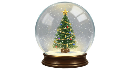 Decorated christmas tree inside a transparent winter snow globe.