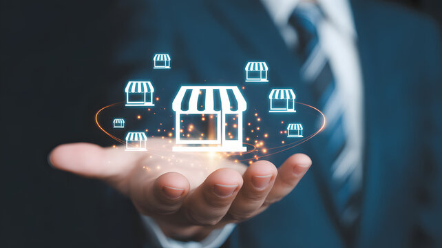 Businessman holding glowing franchise icons symbolizing business growth and expansion opportunities in a modern digital concept - Powered by Adobe