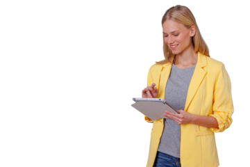 Young businesswoman standing and smiling, using a touchscreen tablet for work. Background is transparent, offering versatility