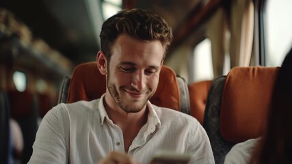 Handsome caucasian man with a beard smiling while using his mobile phone on public transport, chatting with friends or browsing social media during his daily commute or holiday travel - Powered by Adobe