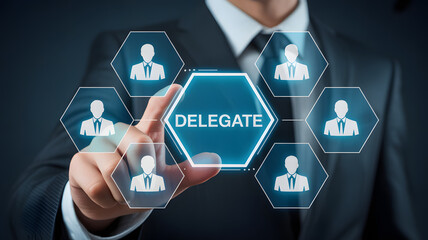 Professional businessman strategically delegates tasks by selecting team members on a futuristic digital interface for enhanced productivity