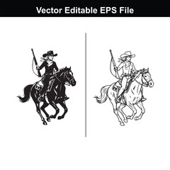 Silhouette and line art of a female cowboy riding a horse with a rifle