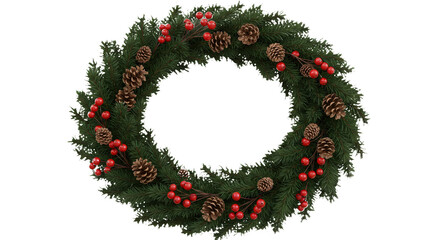 Festive christmas wreath with pinecones and red berries decor.