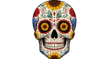 Vibrant sugar skull with sunflowers and traditional floral art