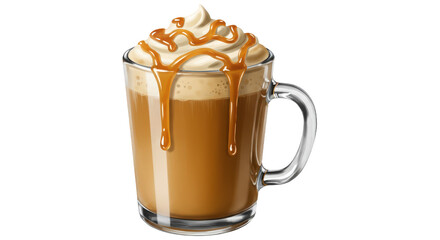 Caramel macchiato with whipped cream and sauce in a clear mug