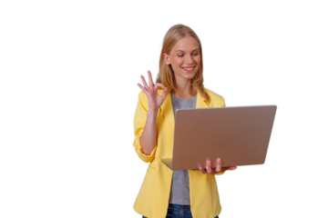 Young woman making an ok sign during a video call on laptop, smiling, communicating approval, transparent background