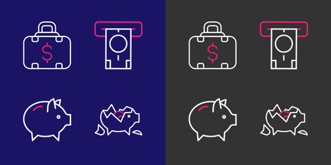 Set line Broken piggy bank, Piggy, ATM and money and Briefcase icon. Vector