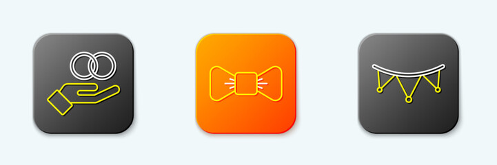 Set line Wedding rings, Bow tie and Carnival garland with flags icon. Vector