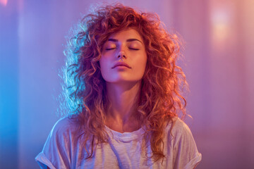Fototapeta premium Woman with curly hair meditates in colorful lighting during a serene evening, embracing calmness and tranquility in her own space