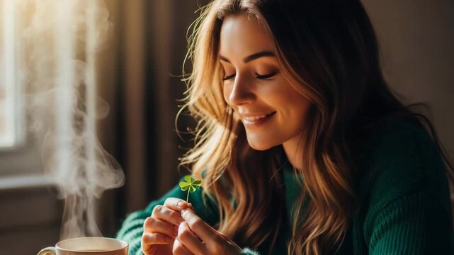 Smiling woman holding a green clover leaf near a steaming cup of coffee — cozy morning mood and Saint Patrick’s Day inspiration with warmth and hope